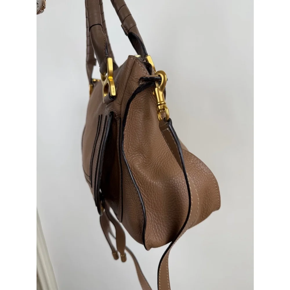 Chloe Marcie Medium Double Carry Satchel Bag in Grained Leather in Nut